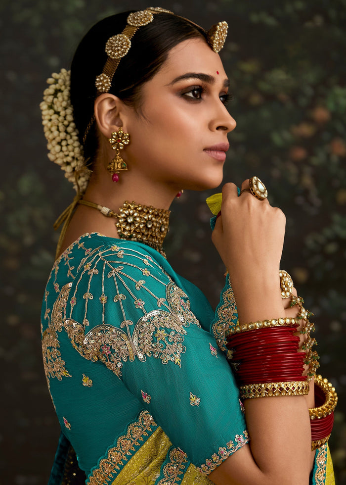 Lime-Yellow and Turquoise Viscose silk Saree with Zari work - qivii