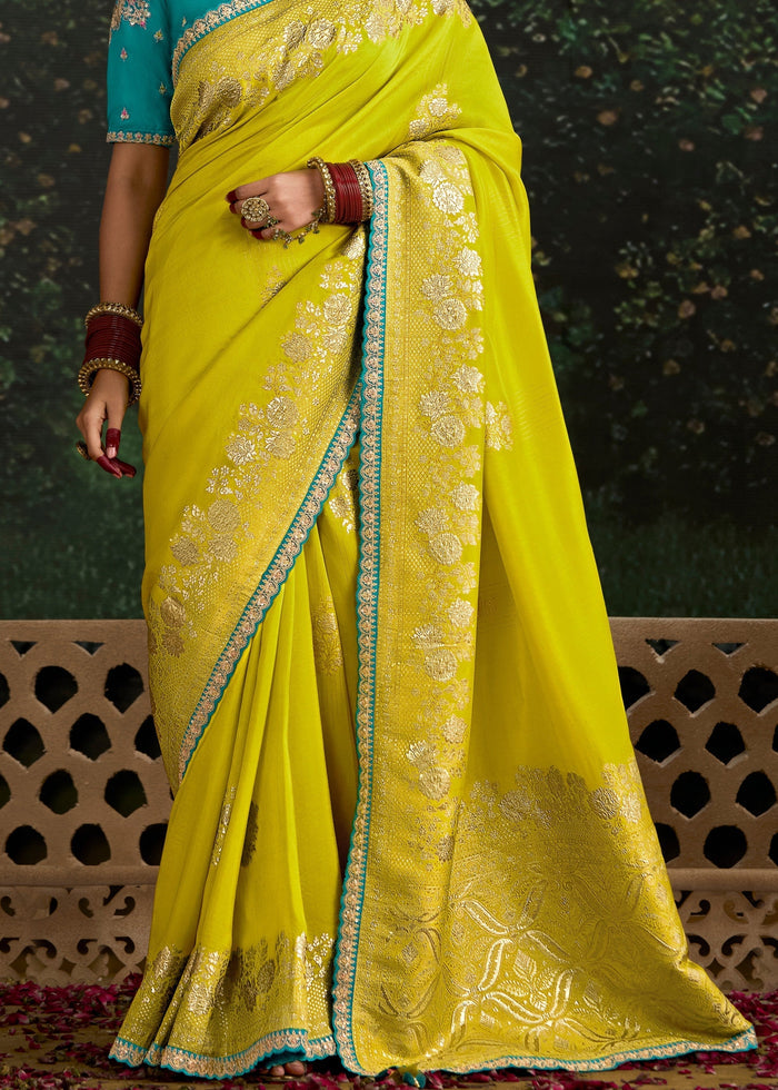 Lime-Yellow and Turquoise Viscose silk Saree with Zari work - qivii