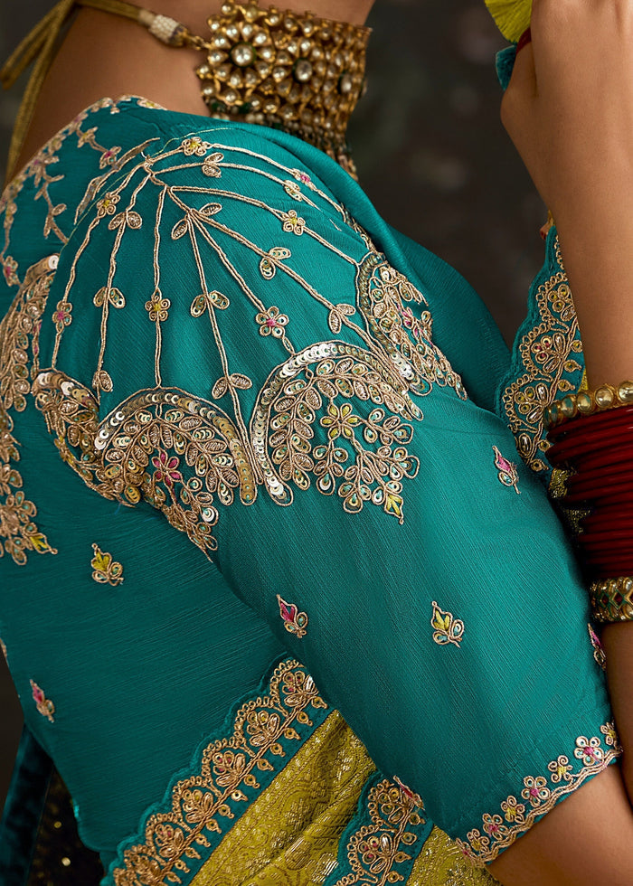 Lime-Yellow and Turquoise Viscose silk Saree with Zari work - qivii