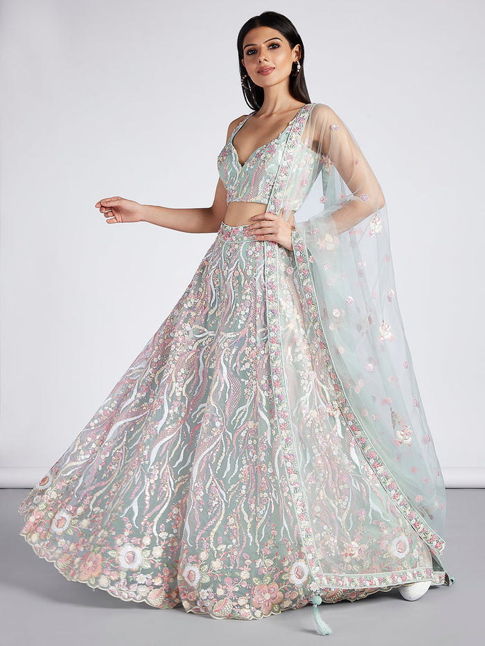 Limegreen - Multi-Sequins & Thread Work Embroidery Net Semi-Stitched Lehenga - qivii