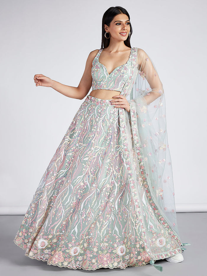 Limegreen - Multi-Sequins & Thread Work Embroidery Net Semi-Stitched Lehenga - qivii