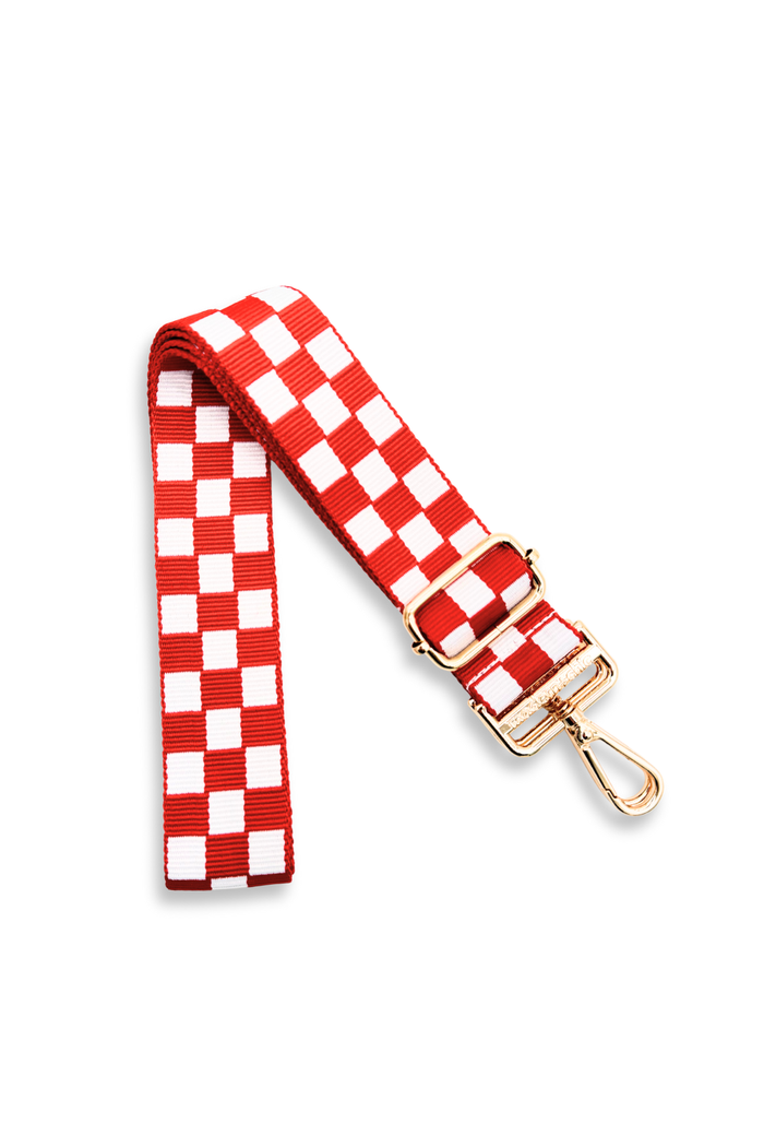 Red and white Modern + Chic Lizzie Checkered Purse Strap for Crossbody Bags on a white background.
