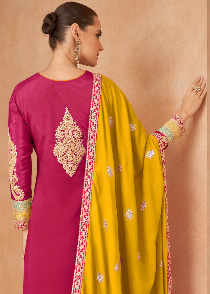 Magenta Pink Fully Embroidered Chinon Plazzo Suit - qivii