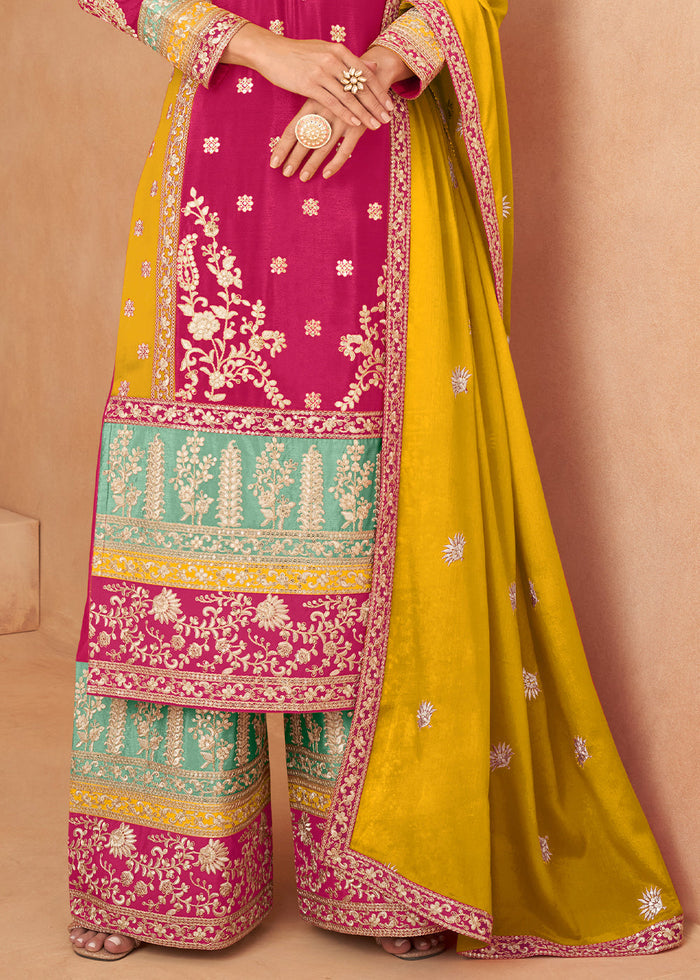 Magenta Pink Fully Embroidered Chinon Plazzo Suit - qivii
