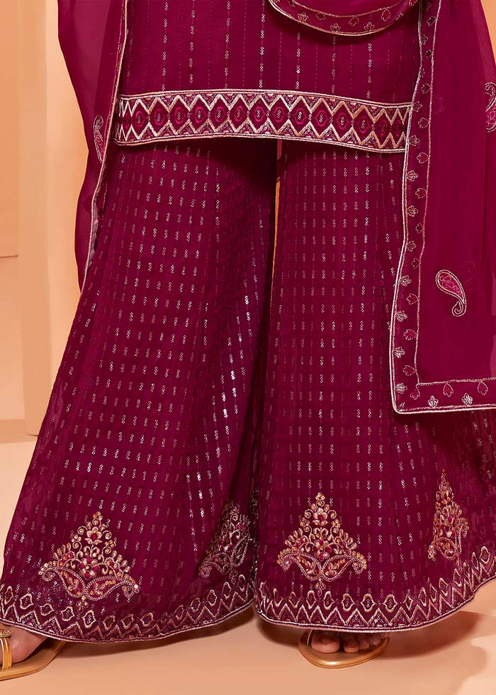 Magenta Pink Georgette Sharara Suit with Thread, Sequins & Khatli work - qivii