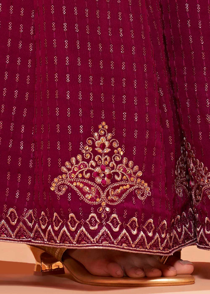 Magenta Pink Georgette Sharara Suit with Thread, Sequins & Khatli work - qivii