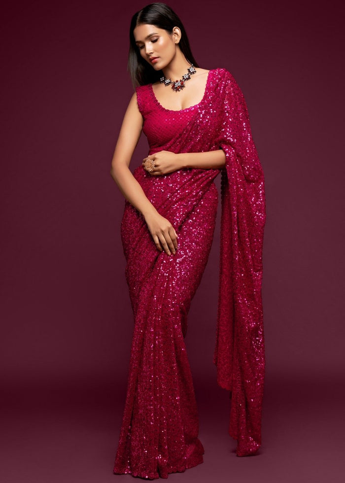 Magenta Pink Sequins & Thread Embroidered Designer Georgette Saree - qivii
