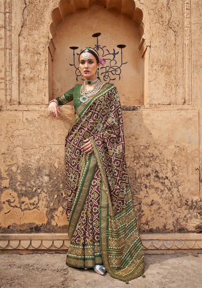 Maroon-Dark Olive Silk Patola Saree