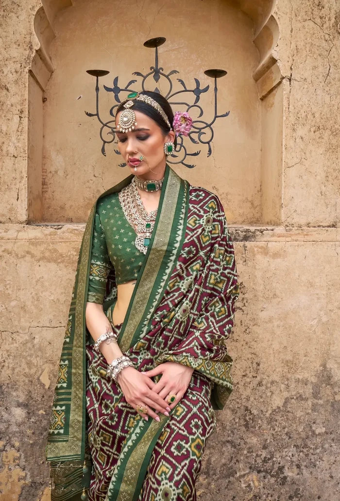 Maroon-Dark Olive Silk Patola Saree