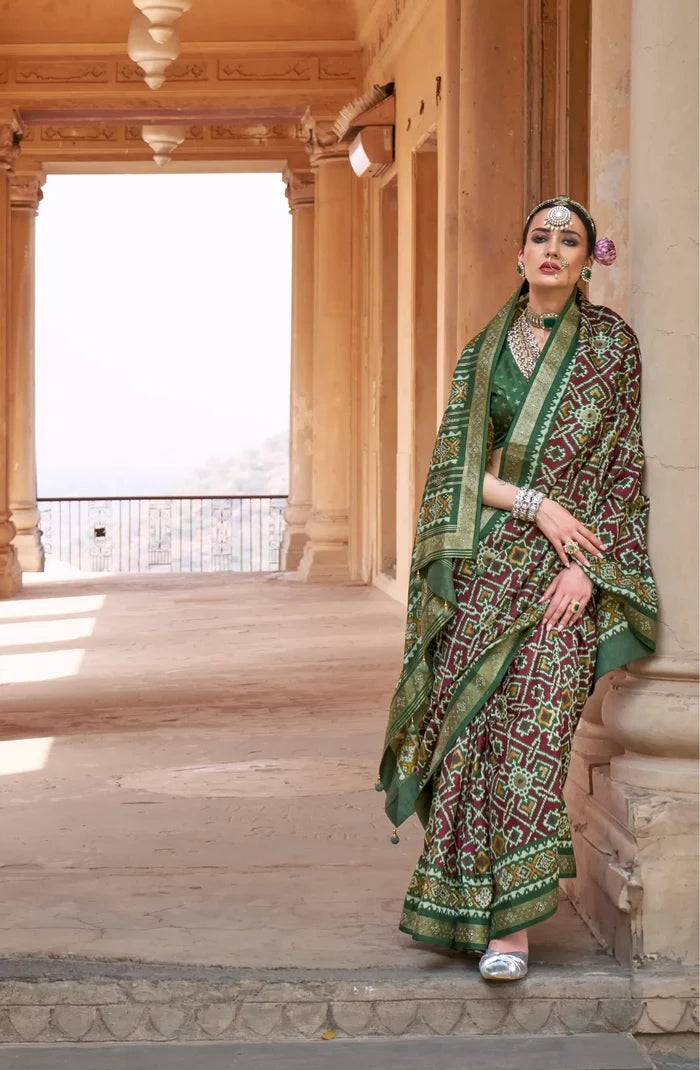 Maroon-Dark Olive Silk Patola Saree