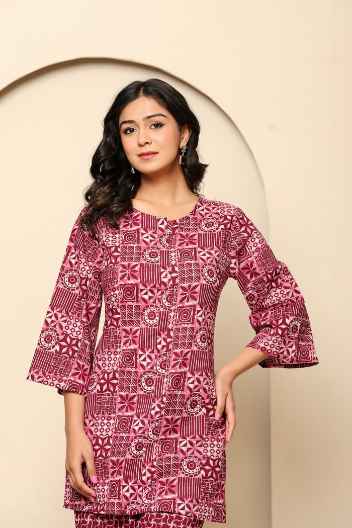 Maroon Printed Cotton Co- Ord Set
