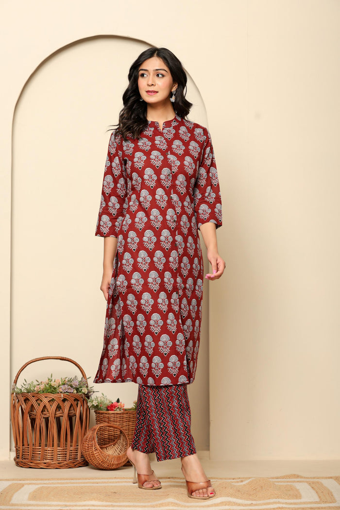 Maroon Printed Cotton Kurta Set