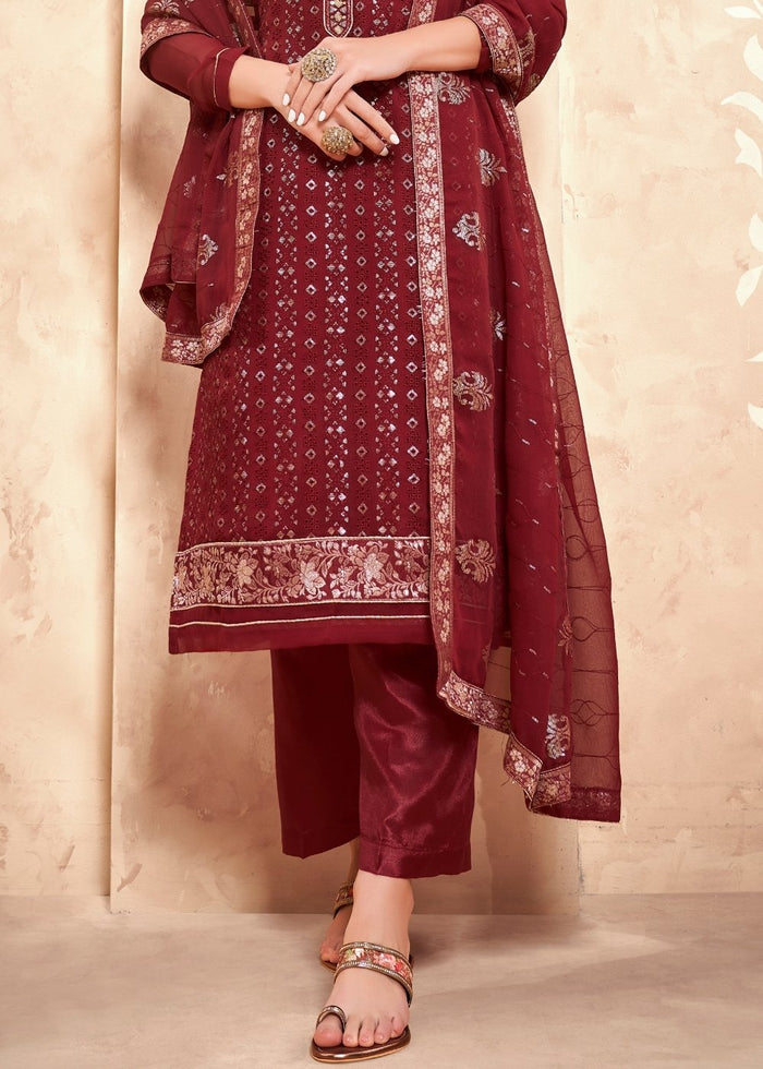 Maroon Red Georgette Salwar Suit with Thread & Sequence Embroidery work - qivii