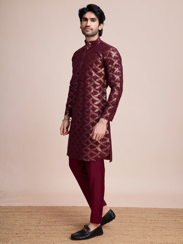 MAROON SILK THREAD & SEQUENCE EMBROIDERED WORK KURTA - qivii