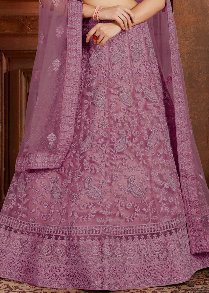 Mauve Purple Soft Net Lehenga Choli with Thread, Zarkan & Pearl work | Ready To Wear - qivii