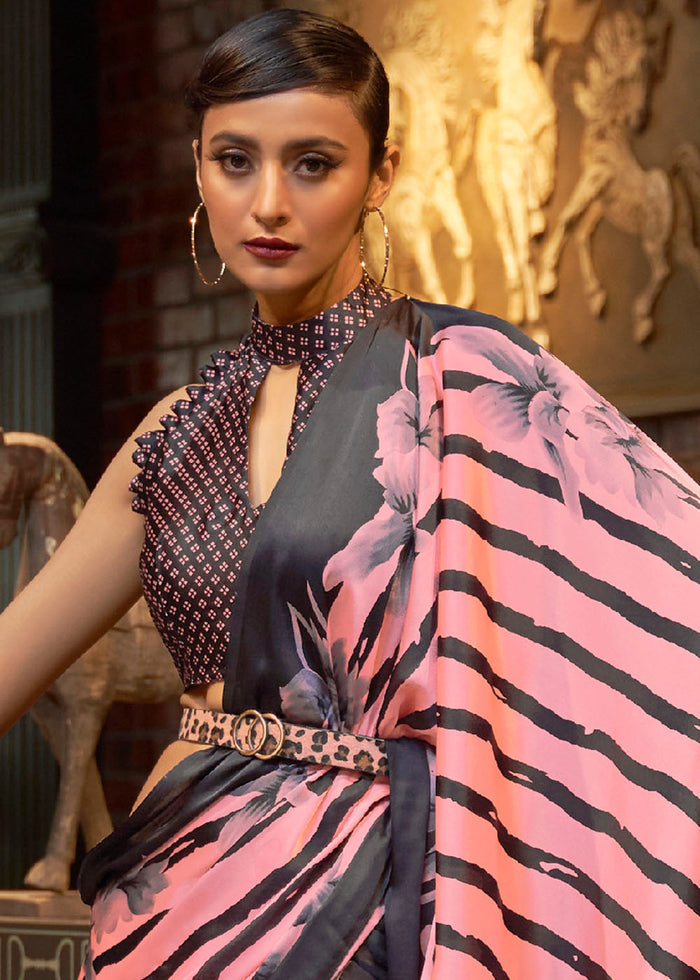 Mauvelous Pink Designer Satin Crepe Printed Saree - qivii