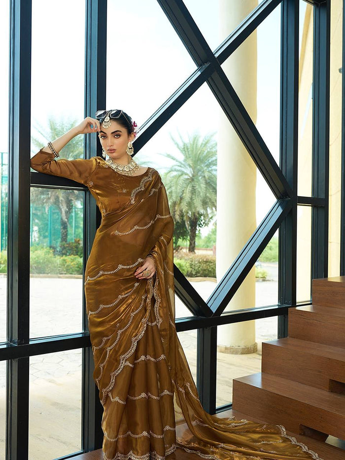 MEHENDI SILK WITH SEQUENCE EMBROIDERY DESIGN WORK SAREE - INSPIRED - qivii