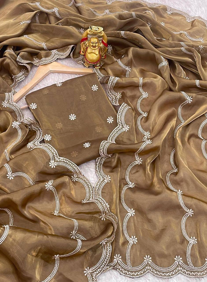 MEHENDI SILK WITH SEQUENCE EMBROIDERY DESIGN WORK SAREE - INSPIRED - qivii