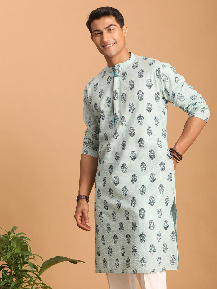 Men's Aqua Block Print Cotton Kurta