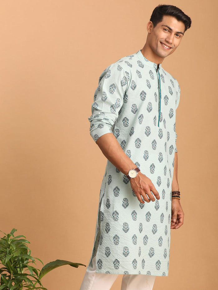 Men's Aqua Block Print Cotton Kurta