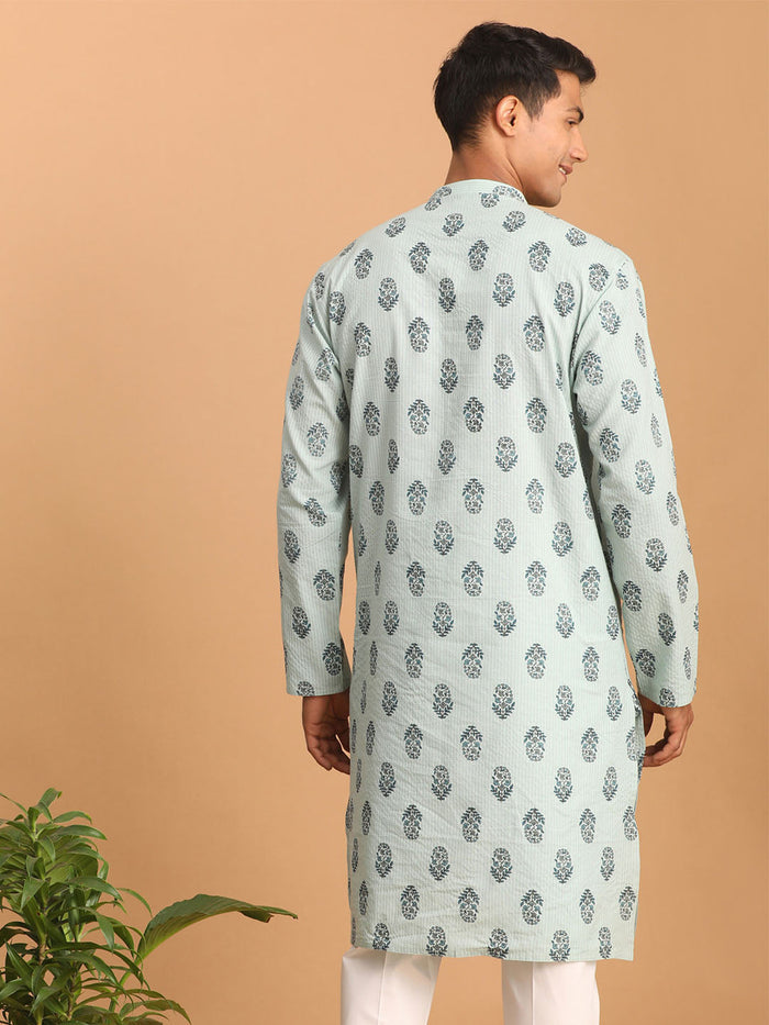 Men's Aqua Block Print Cotton Kurta