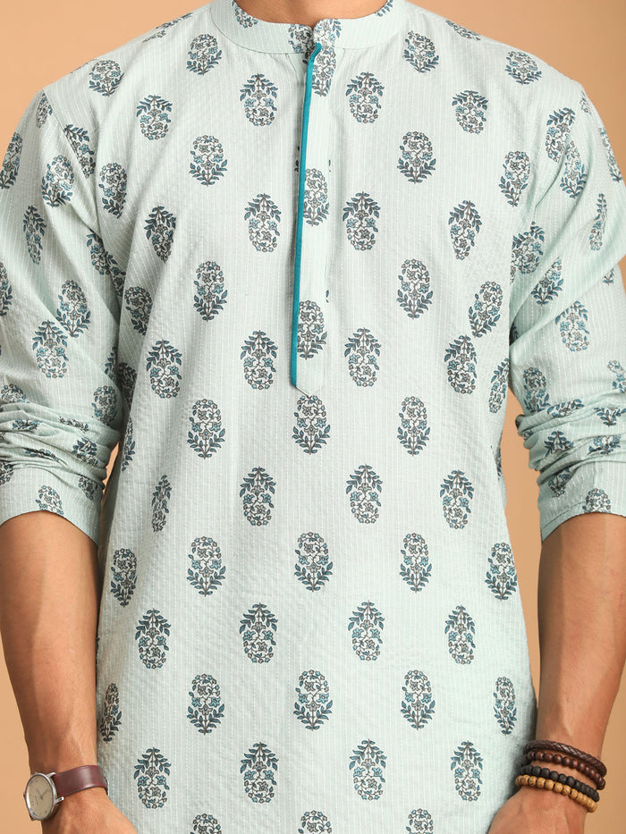 Men's Aqua Block Print Cotton Kurta