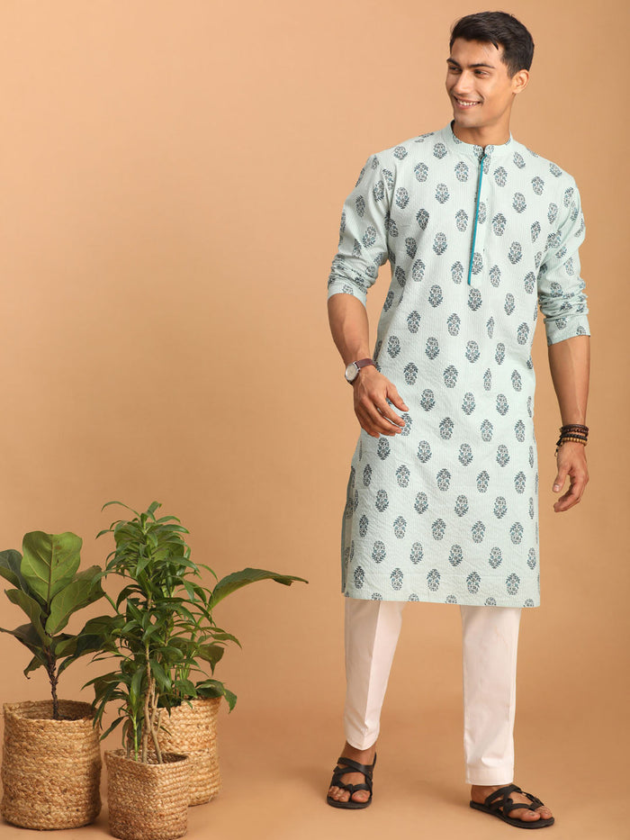 Men's Aqua Block Print Cotton Kurta