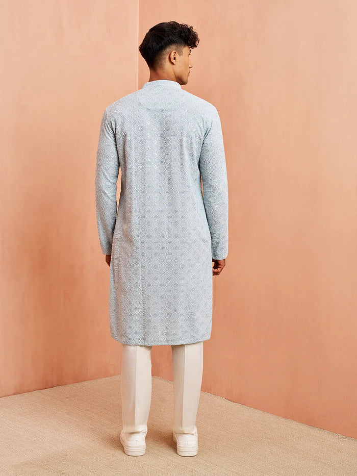 Men's Aqua Chikankari Kurta with Cream Pant Set