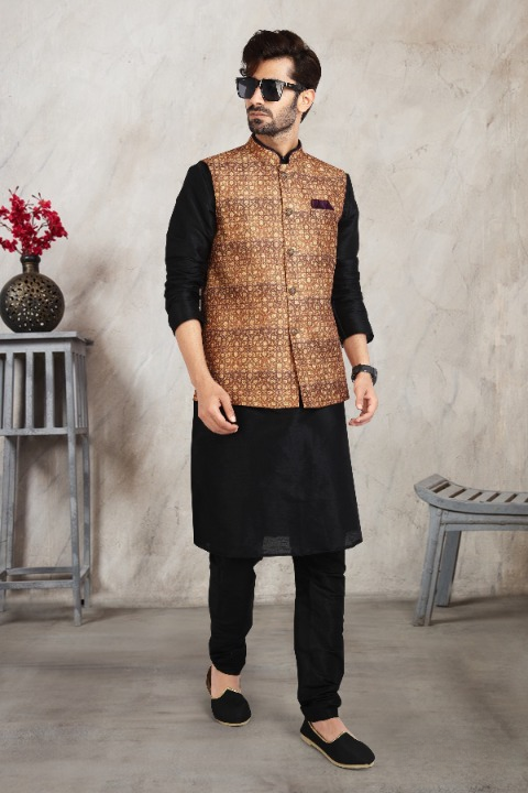 Men's Art Banarasi Silk Printed Work 3 Pics Jacket Set In Beige Colour