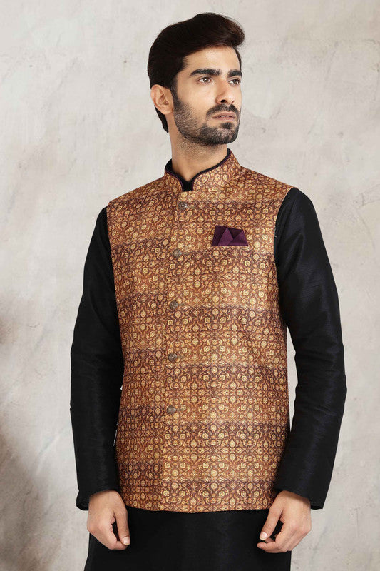 Men's Art Banarasi Silk Printed Work 3 Pics Jacket Set In Beige Colour