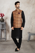 Men's Art Banarasi Silk Printed Work 3 Pics Jacket Set In Beige Colour