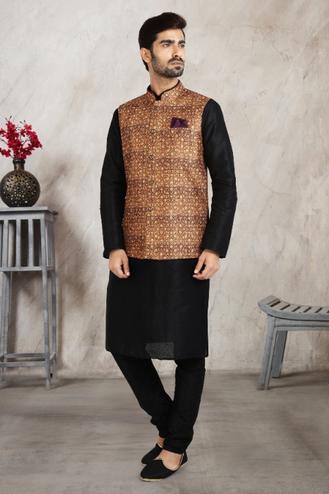 Men's Art Banarasi Silk Printed Work 3 Pics Jacket Set In Beige Colour