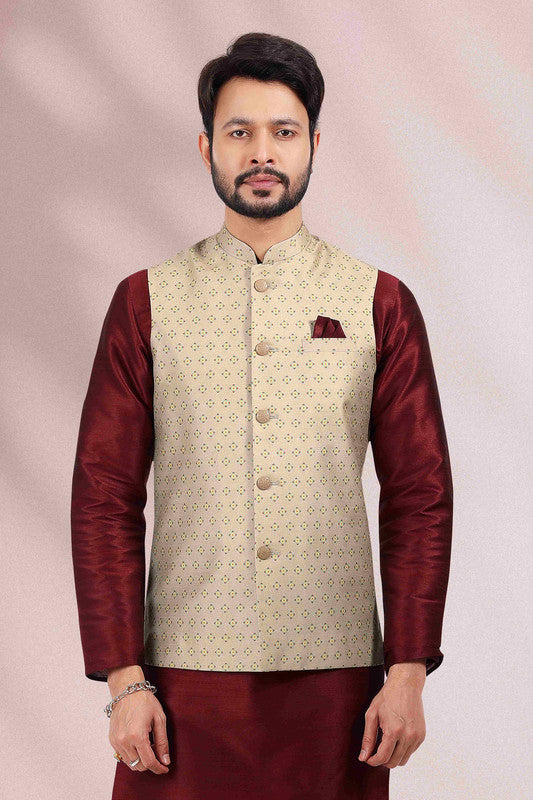 Men's Art Banarasi Silk Printed Work 3 Pics Jacket Set In Cream Colour