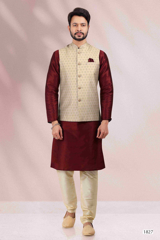 Men's Art Banarasi Silk Printed Work 3 Pics Jacket Set In Cream Colour