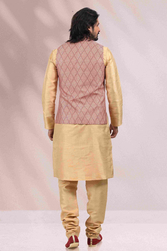 Men's Art Banarasi Silk Printed Work 3 Pics Jacket Set In Maroon Colour