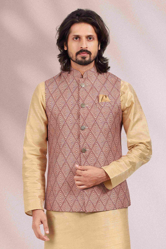 Men's Art Banarasi Silk Printed Work 3 Pics Jacket Set In Maroon Colour