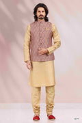 Men's Art Banarasi Silk Printed Work 3 Pics Jacket Set In Maroon Colour