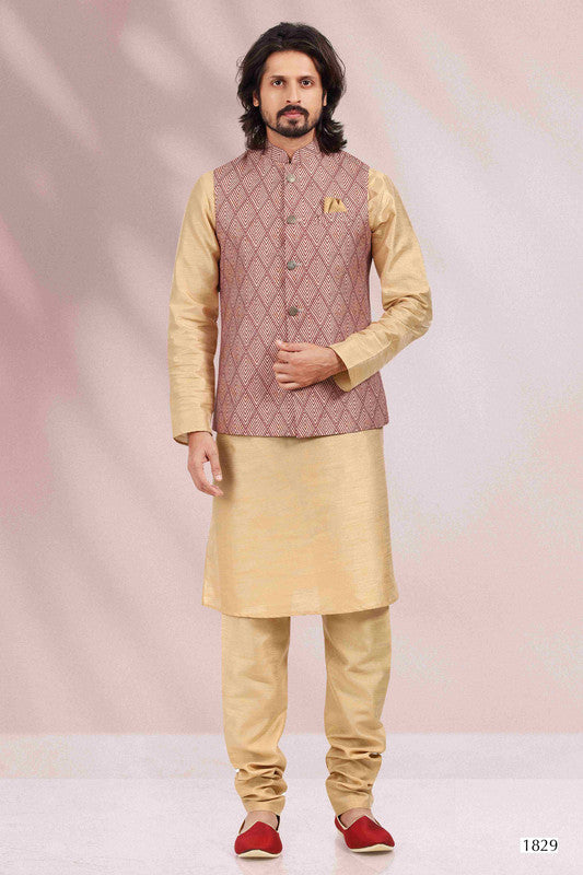 Men's Art Banarasi Silk Printed Work 3 Pics Jacket Set In Maroon Colour