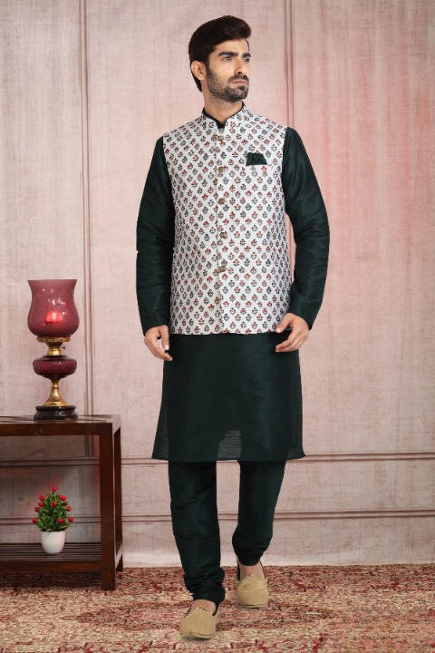 Men's Art Banarasi Silk Printed Work 3 Pics Jacket Set In Off White Colour
