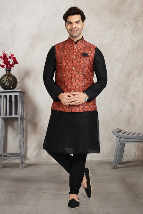 Men's Art Banarasi Silk Printed Work 3 Pics Jacket Set In Red Colour