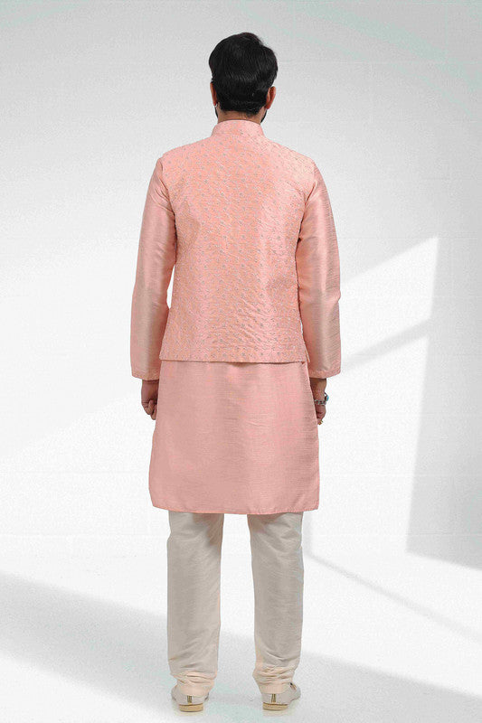Men's Art Banarasi Silk Thread Work 3 Pics Jacket Set In Peach Colour