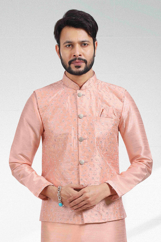 Men's Art Banarasi Silk Thread Work 3 Pics Jacket Set In Peach Colour
