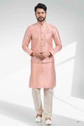 Men's Art Banarasi Silk Thread Work 3 Pics Jacket Set In Peach Colour