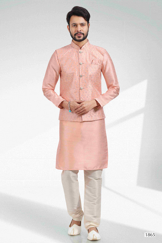 Men's Art Banarasi Silk Thread Work 3 Pics Jacket Set In Peach Colour