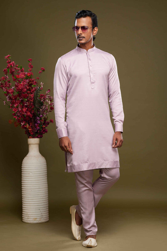 Men's Art Banarasi Silk Thread Work Kurta Pajama In Onion Pink Colour