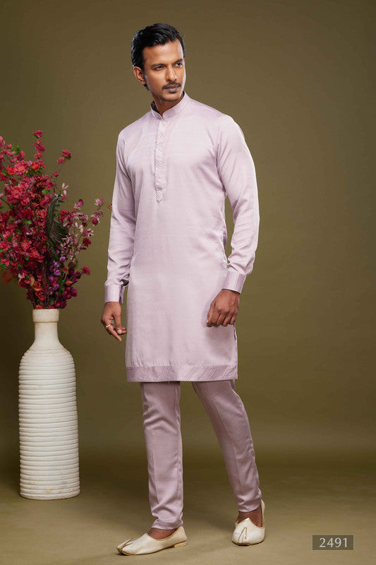 Men's Art Banarasi Silk Thread Work Kurta Pajama In Onion Pink Colour