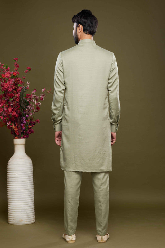 Men's Art Banarasi Silk Thread Work Kurta Pajama In Pista Green Colour