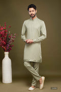 Men's Art Banarasi Silk Thread Work Kurta Pajama In Pista Green Colour