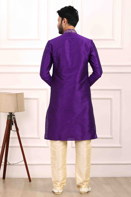 Men's Art Banarasi Silk Thread Work Kurta Pajama In Purple Colour