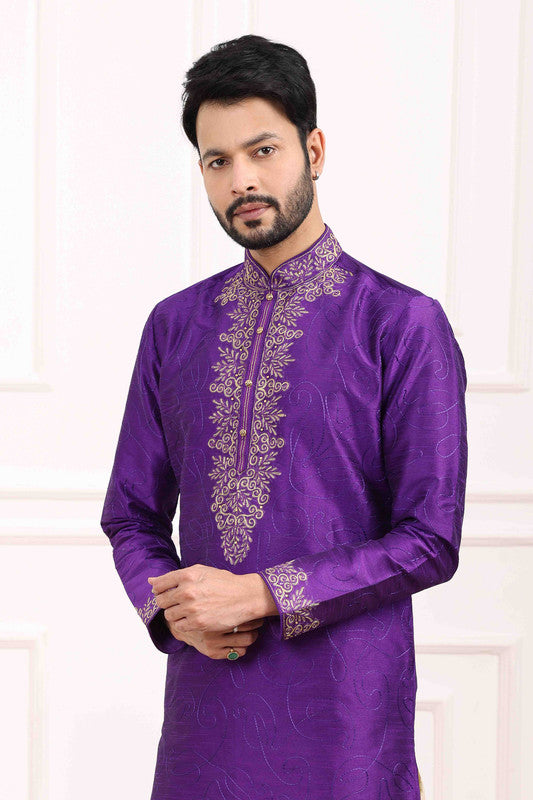 Men's Art Banarasi Silk Thread Work Kurta Pajama In Purple Colour